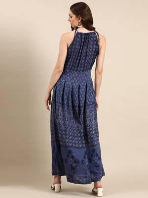 Showoff women's ankle length halter neck navy blue ethnic motifs anarkali kurta 5