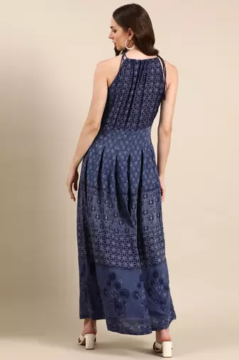 Showoff women's ankle length halter neck navy blue ethnic motifs anarkali kurta