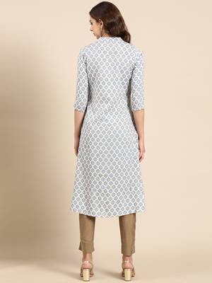 women's knee length mandarin collar blue geometric a-line kurta 5