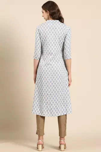 women's knee length mandarin collar blue geometric a-line kurta