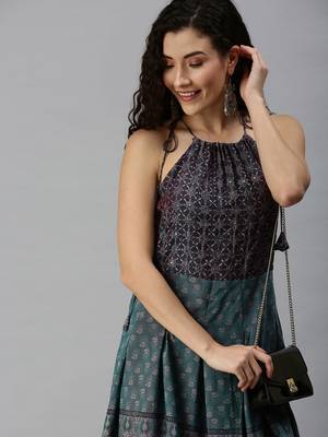women's ankle length halter neck teal ethnic motifs anarkali kurta 1
