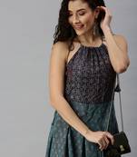 women's ankle length halter neck teal ethnic motifs anarkali kurta