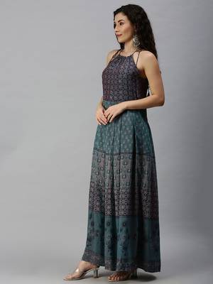 women's ankle length halter neck teal ethnic motifs anarkali kurta 2