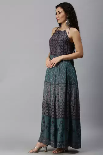 women's ankle length halter neck teal ethnic motifs anarkali kurta