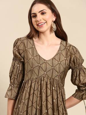 women's calf length v-neck taupe geometric anarkali kurta 1