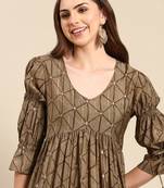 women's calf length v-neck taupe geometric anarkali kurta