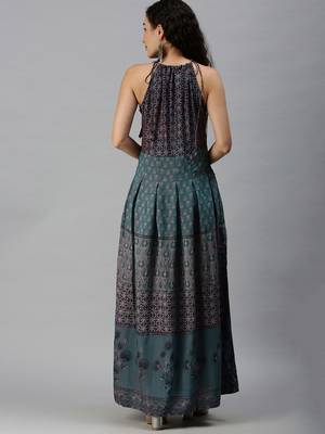 women's ankle length halter neck teal ethnic motifs anarkali kurta 3