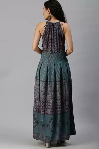 women's ankle length halter neck teal ethnic motifs anarkali kurta