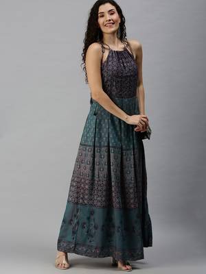 women's ankle length halter neck teal ethnic motifs anarkali kurta 4