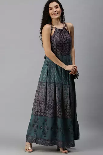 women's ankle length halter neck teal ethnic motifs anarkali kurta