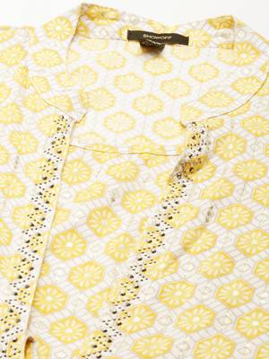 Showoff women's knee length mandarin collar yellow geometric a-line kurta 3