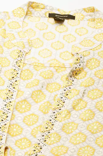 Showoff women's knee length mandarin collar yellow geometric a-line kurta