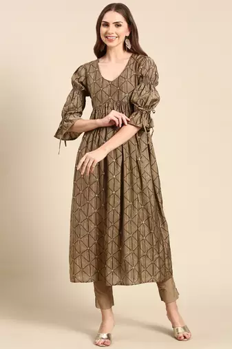 women's calf length v-neck taupe geometric anarkali kurta