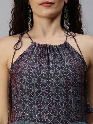 women's ankle length halter neck teal ethnic motifs anarkali kurta 5