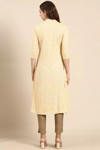 Showoff women's knee length mandarin collar yellow geometric a-line kurta
