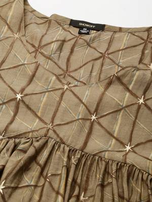 women's calf length v-neck taupe geometric anarkali kurta 3