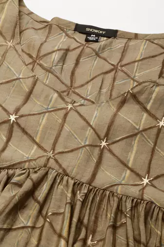 women's calf length v-neck taupe geometric anarkali kurta