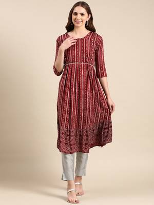 women's calf length scoop neck maroon geometric anarkali kurta 1
