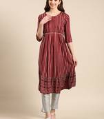 women's calf length scoop neck maroon geometric anarkali kurta