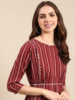 women's calf length scoop neck maroon geometric anarkali kurta 2