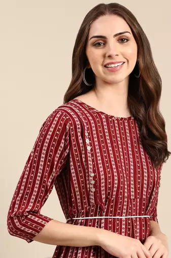 women's calf length scoop neck maroon geometric anarkali kurta