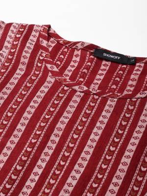 women's calf length scoop neck maroon geometric anarkali kurta 3