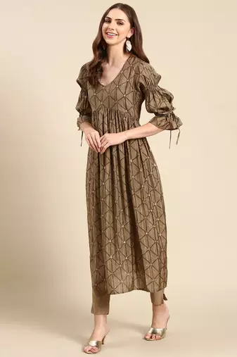 women's calf length v-neck taupe geometric anarkali kurta