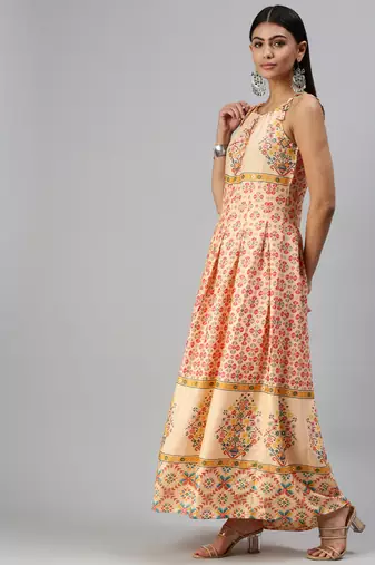 women's ankle length halter neck peach ethnic motifs anarkali kurta