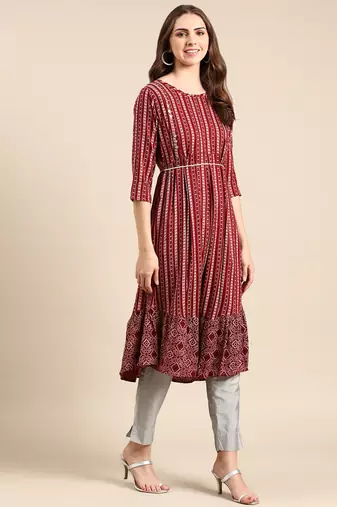 women's calf length scoop neck maroon geometric anarkali kurta