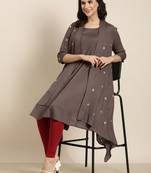women's knee length round neck grey solid a-line kurta