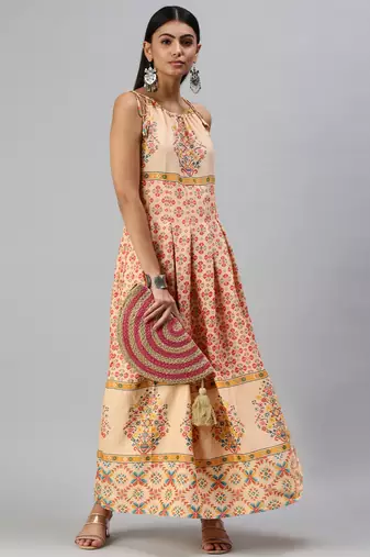 women's ankle length halter neck peach ethnic motifs anarkali kurta