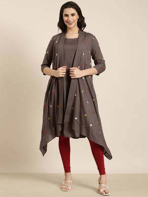 women's knee length round neck grey solid a-line kurta 2