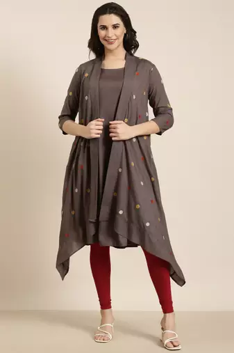 women's knee length round neck grey solid a-line kurta