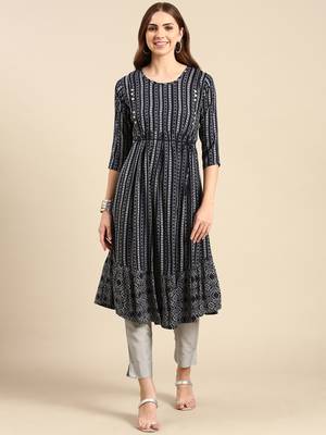 women's calf length scoop neck navy blue geometric anarkali kurta 1