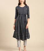 women's calf length scoop neck navy blue geometric anarkali kurta