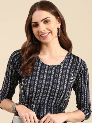 women's calf length scoop neck navy blue geometric anarkali kurta 2