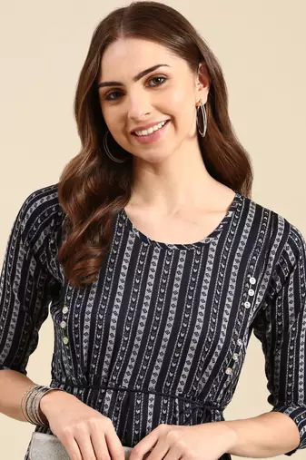 women's calf length scoop neck navy blue geometric anarkali kurta