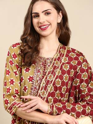 women's calf length round neck olive embellished anarkali kurta comes with duppatta 1
