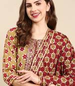 women's calf length round neck olive embellished anarkali kurta comes with duppatta