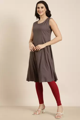 women's knee length round neck grey solid a-line kurta