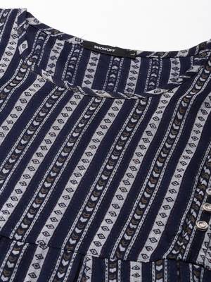 women's calf length scoop neck navy blue geometric anarkali kurta 3