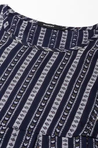 women's calf length scoop neck navy blue geometric anarkali kurta