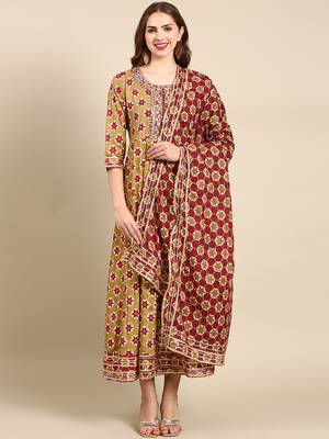 women's calf length round neck olive embellished anarkali kurta comes with duppatta 2