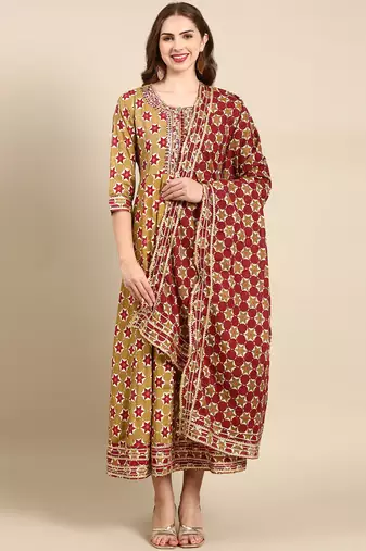women's calf length round neck olive embellished anarkali kurta comes with duppatta