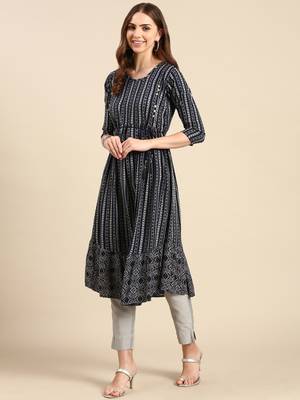 women's calf length scoop neck navy blue geometric anarkali kurta 4