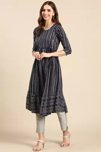 women's calf length scoop neck navy blue geometric anarkali kurta