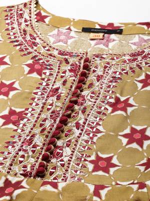 women's calf length round neck olive embellished anarkali kurta comes with duppatta 3