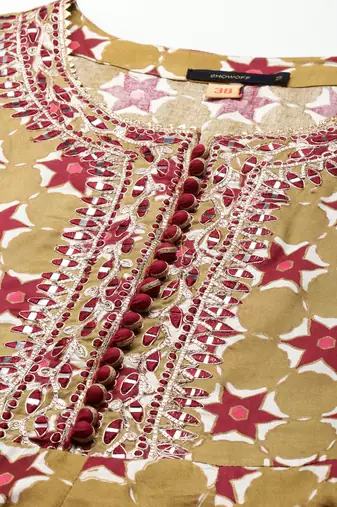 women's calf length round neck olive embellished anarkali kurta comes with duppatta