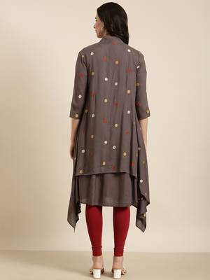 women's knee length round neck grey solid a-line kurta 4