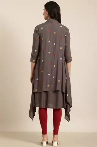 women's knee length round neck grey solid a-line kurta